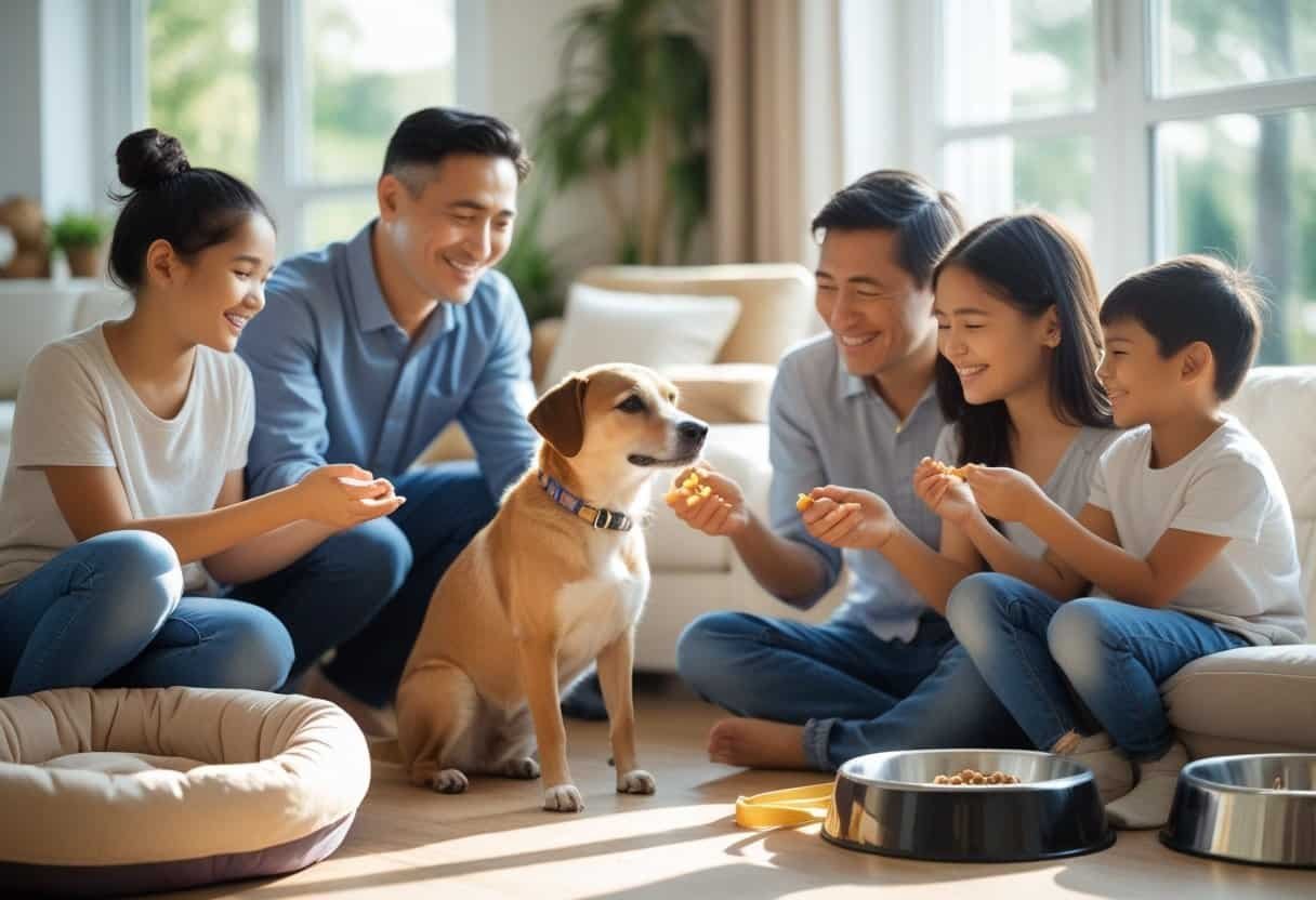 A family warmly welcoming a rescue dog into their bright living room, showing affection and care.