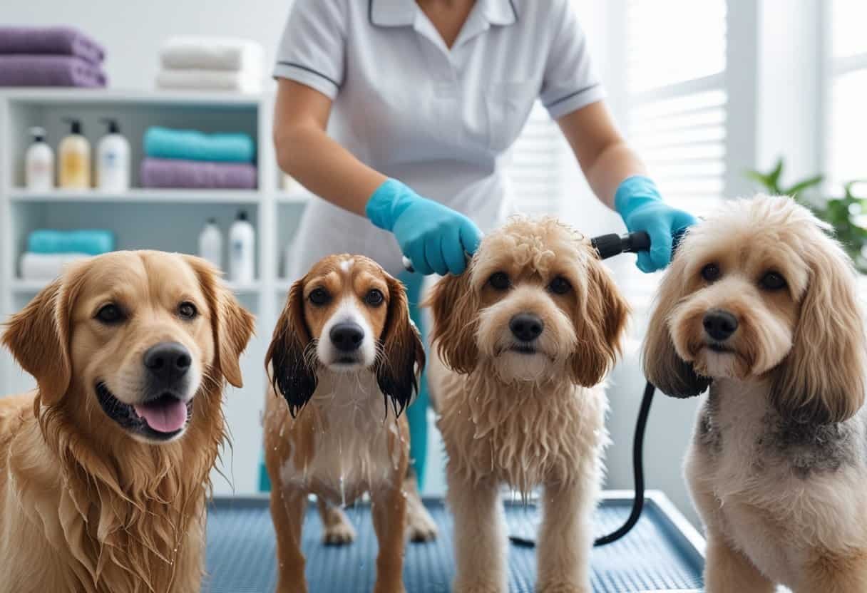 A person bathing four dogs with different coat types in a clean grooming area, using a handheld showerhead and brushes.