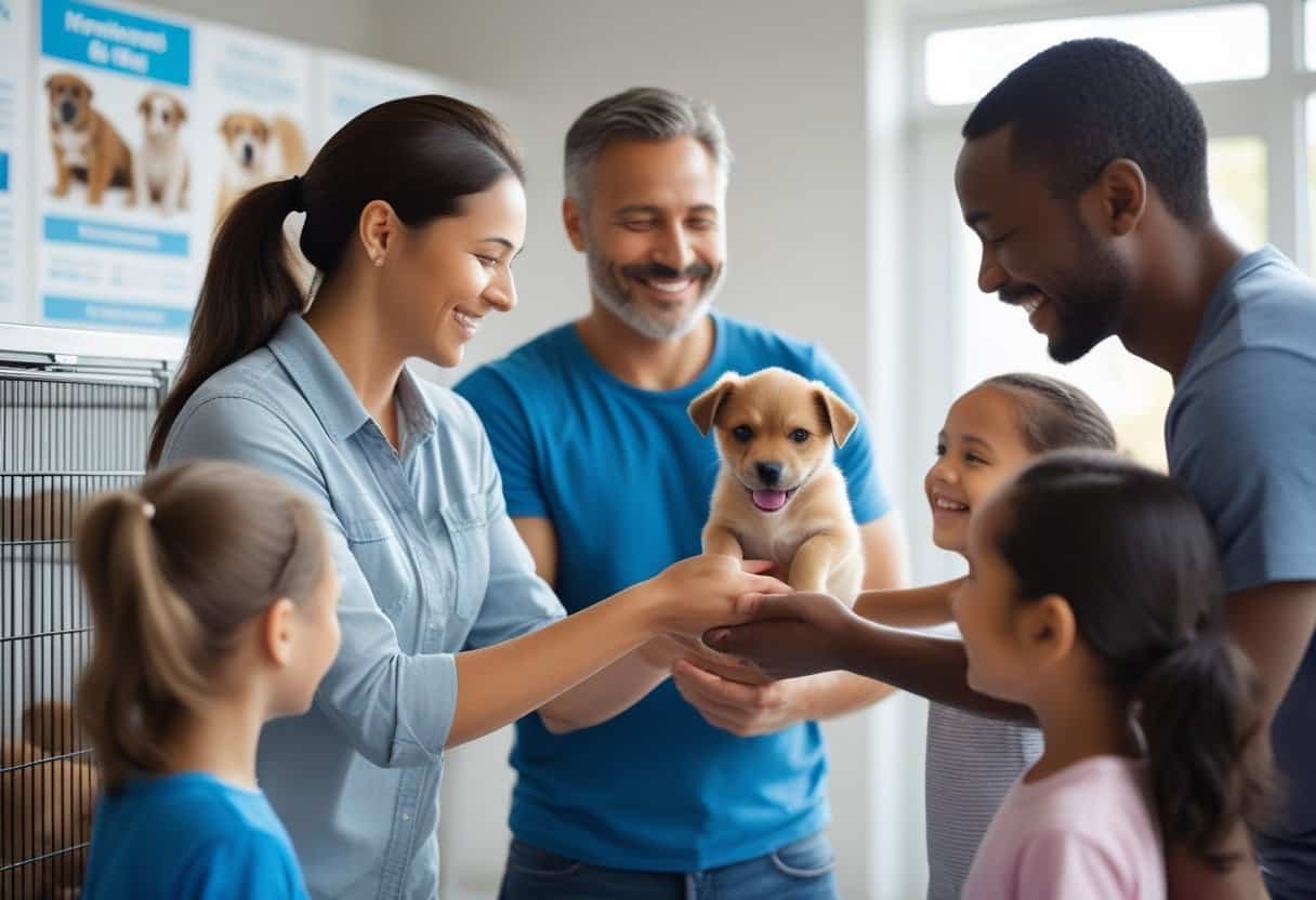 A shelter worker handing a happy puppy to a smiling family inside an animal shelter. A shelter worker handing a happy puppy to a smiling family inside an animal shelter.