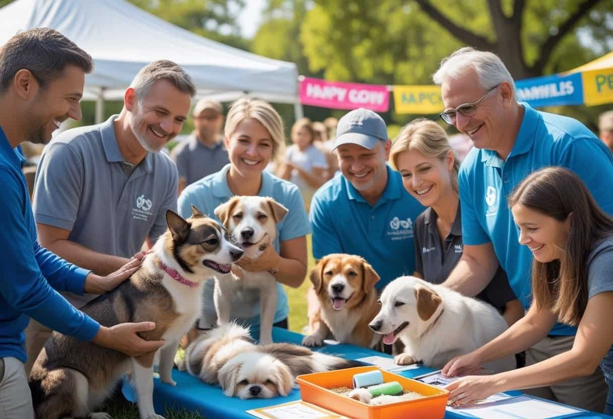 Volunteers helping people adopt dogs and cats at an outdoor animal rescue event.
