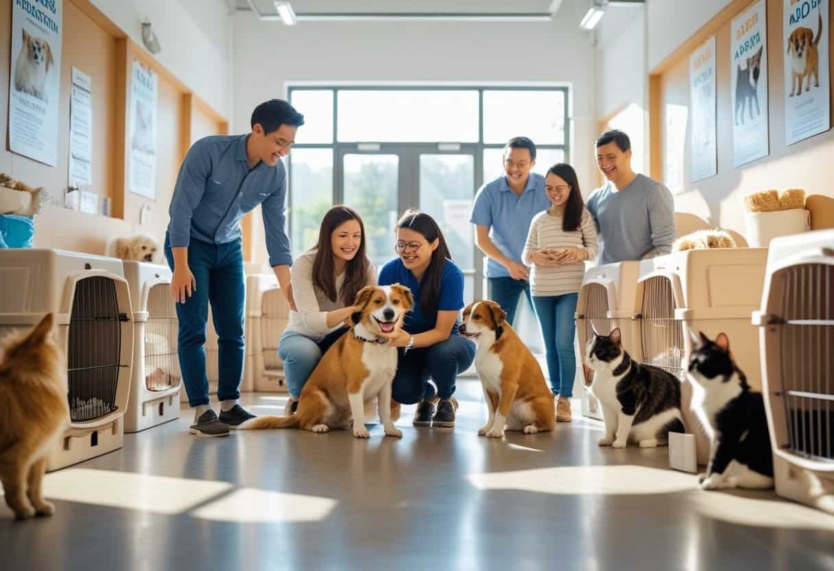 People interacting with dogs and cats inside an animal rescue center, showing a warm and caring adoption environment.