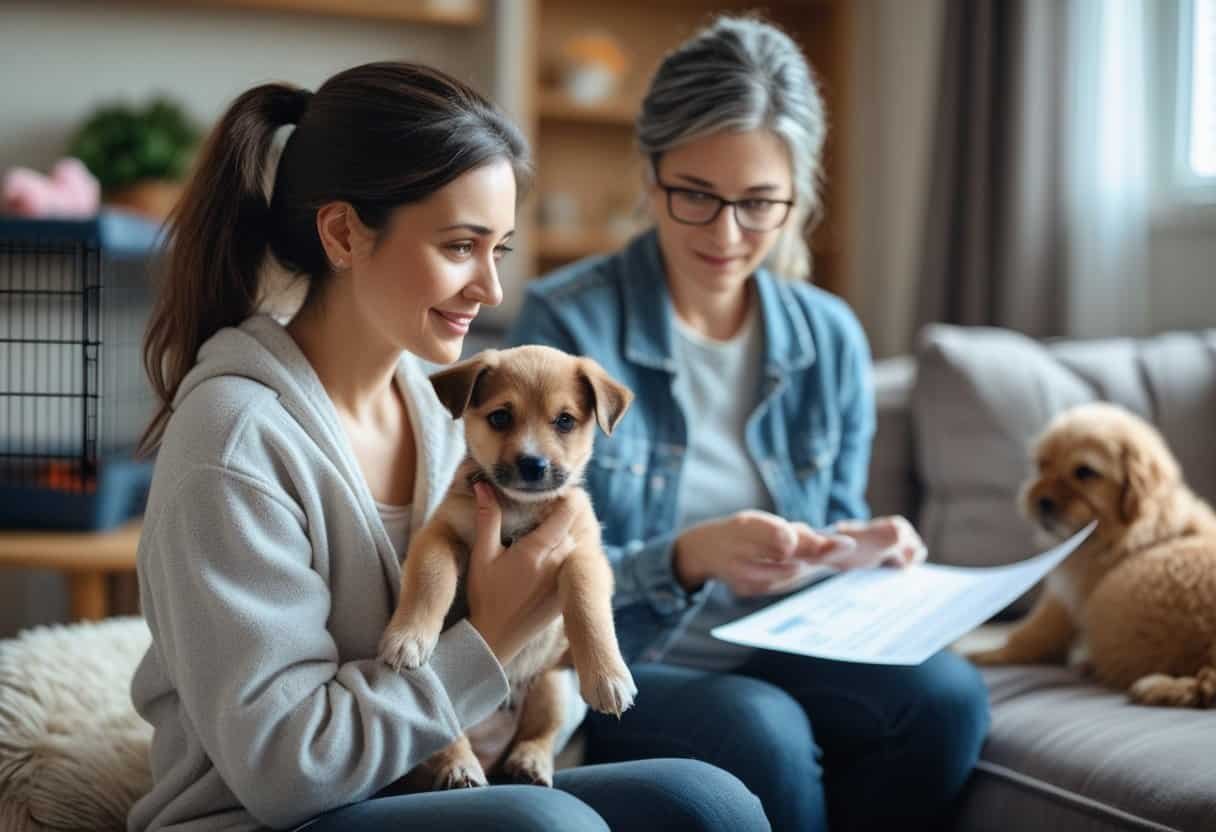 A person gently holding a small puppy while another person reviews paperwork in a cozy living room with dog toys and a crate nearby. A person gently holding a small puppy while another person reviews paperwork in a cozy living room with dog toys and a crate nearby.