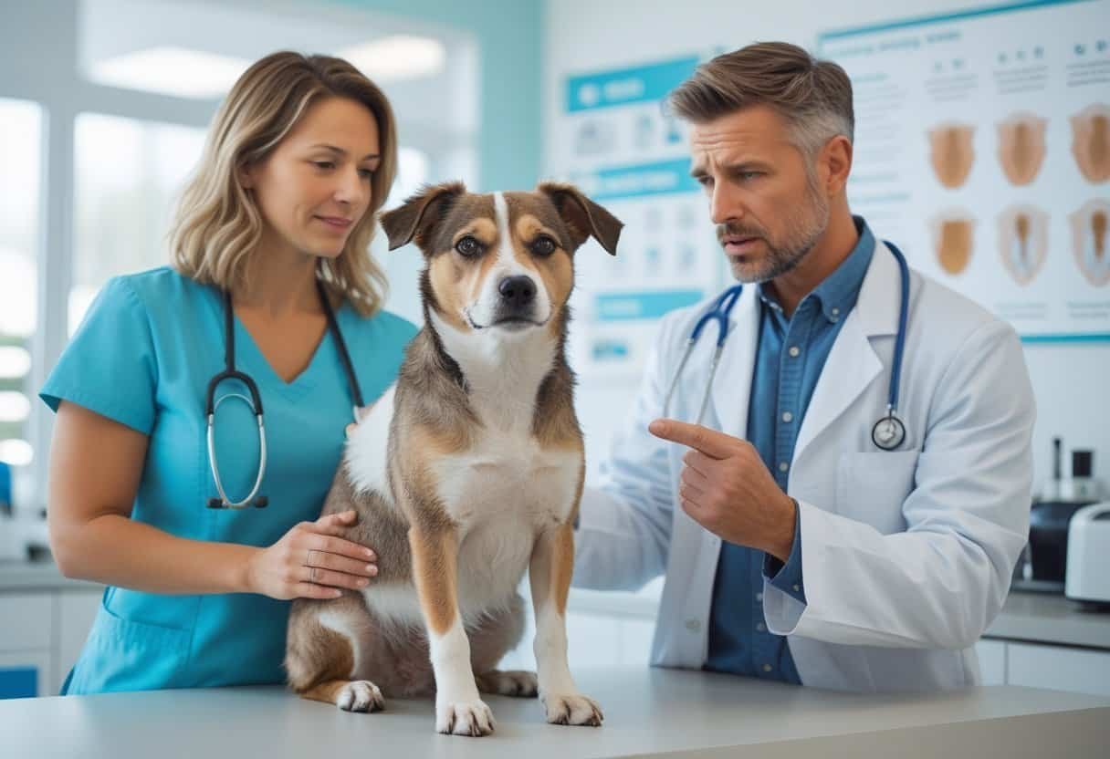 A pet owner holding a dog with a partially shaved coat while a veterinarian explains grooming risks in a veterinary clinic.