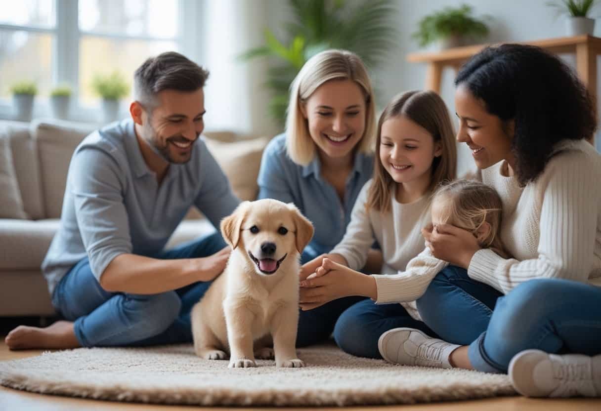 A happy puppy being lovingly held and petted by a smiling family in a bright living room. A happy puppy being lovingly held and petted by a smiling family in a bright living room.