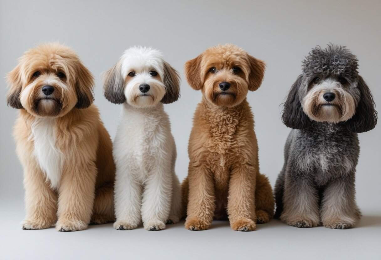 A group of dogs with different coat types including long, short, curly, and wiry fur, standing side by side on a neutral background.