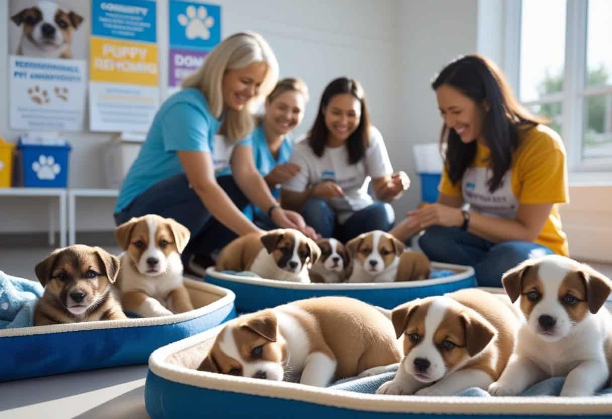 Volunteers caring for puppies at a puppy rehoming event in a bright indoor space. Volunteers caring for puppies at a puppy rehoming event in a bright indoor space.
