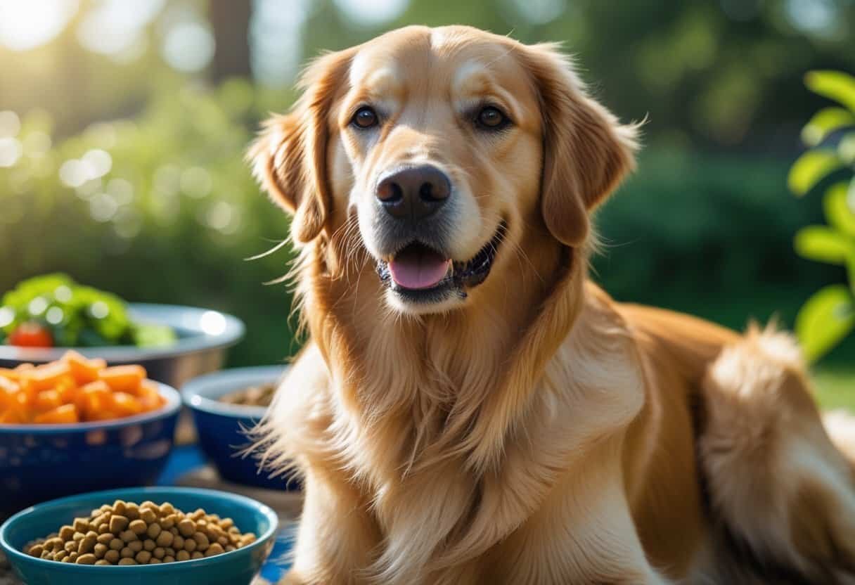 Close-up of a healthy golden retriever with a shiny coat sitting outdoors next to a bowl of fresh pet food.