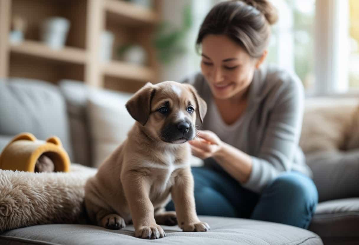 A healthy puppy sitting comfortably indoors while a caring adult gently interacts with it in a cozy home setting. A healthy puppy sitting comfortably indoors while a caring adult gently interacts with it in a cozy home setting.