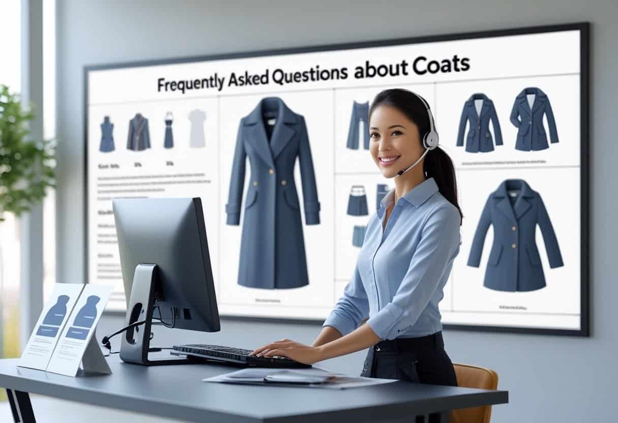 A customer service representative at a desk with visuals of coats displayed behind them in a clean office setting.