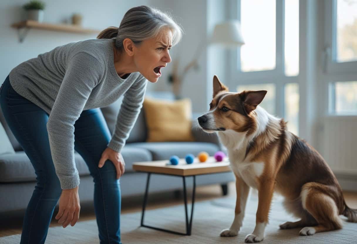 A person sternly barking at a medium-sized dog that looks anxious and cowers indoors.