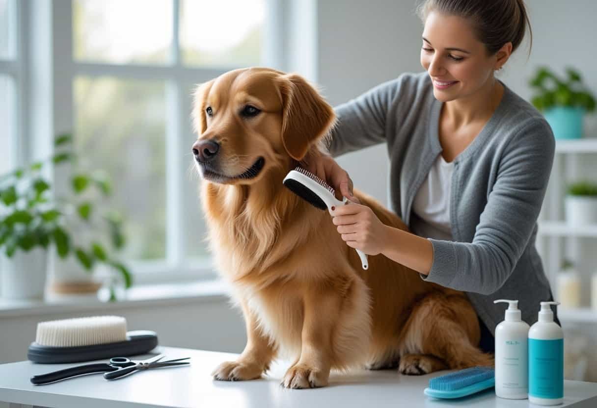 A person gently brushing a golden retriever's fur indoors with grooming tools on a nearby table.