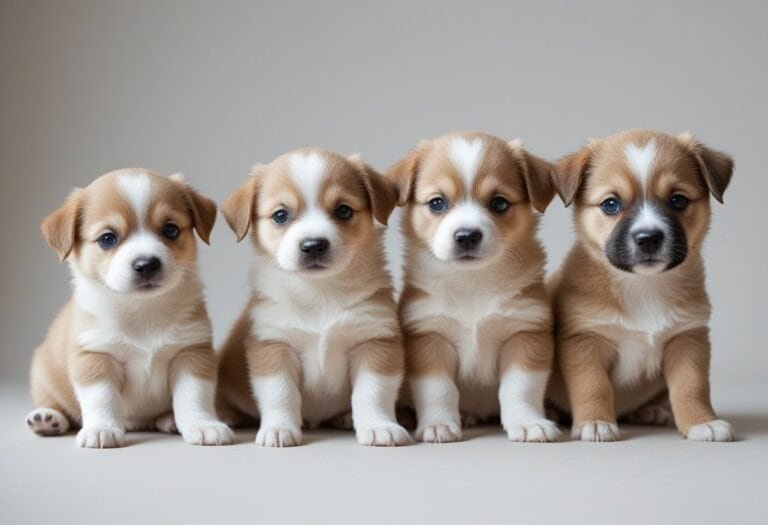 Four puppies at different stages of growth from newborn to young puppy, shown side by side on a plain background.