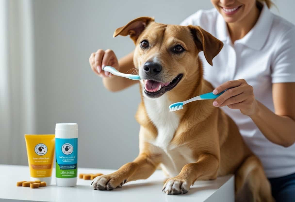 A person brushing the teeth of a happy medium-sized dog with pet toothbrush and toothpaste nearby.