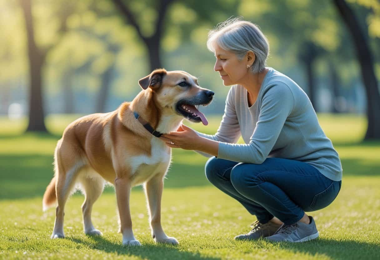 A person gently calming a barking dog outdoors in a park. A person gently calming a barking dog outdoors in a park.