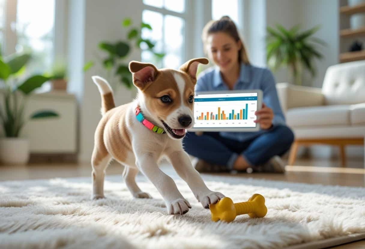 A puppy wearing an activity tracker collar plays with a toy on a rug while a person watches with a tablet in a bright living room. A puppy wearing an activity tracker collar plays with a toy on a rug while a person watches with a tablet in a bright living room.