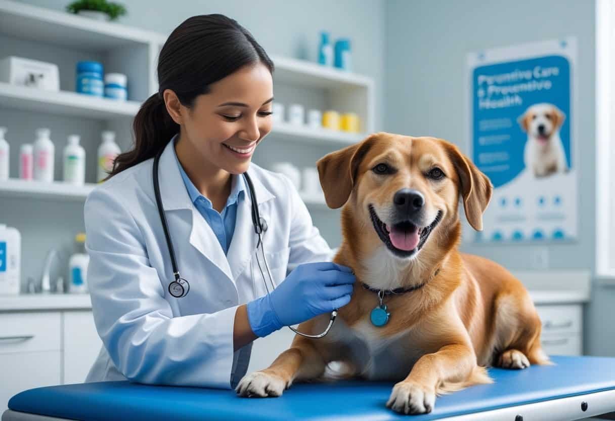 A veterinarian gently examining a calm dog on an examination table in a veterinary clinic.