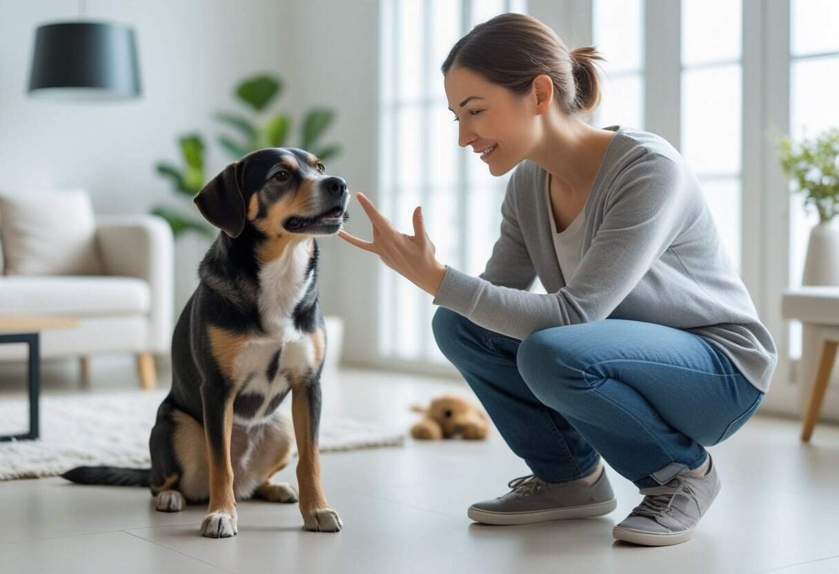 A person gently calming a barking dog inside a bright living room. A person gently calming a barking dog inside a bright living room.