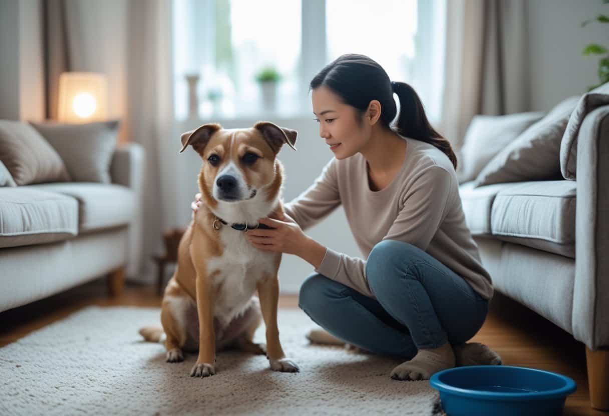A woman gently petting a calm dog sitting on the floor in a cozy living room. A woman gently petting a calm dog sitting on the floor in a cozy living room.