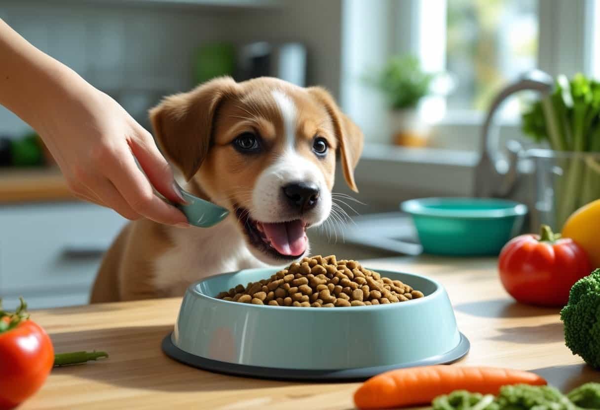 A happy puppy eating from a bowl held by a person in a bright kitchen with fresh vegetables and a measuring cup nearby. A happy puppy eating from a bowl held by a person in a bright kitchen with fresh vegetables and a measuring cup nearby.