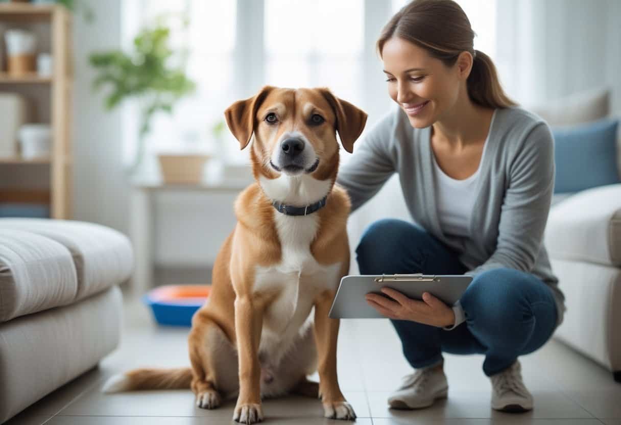 A person gently petting a happy dog indoors with pet care items visible in the background.
