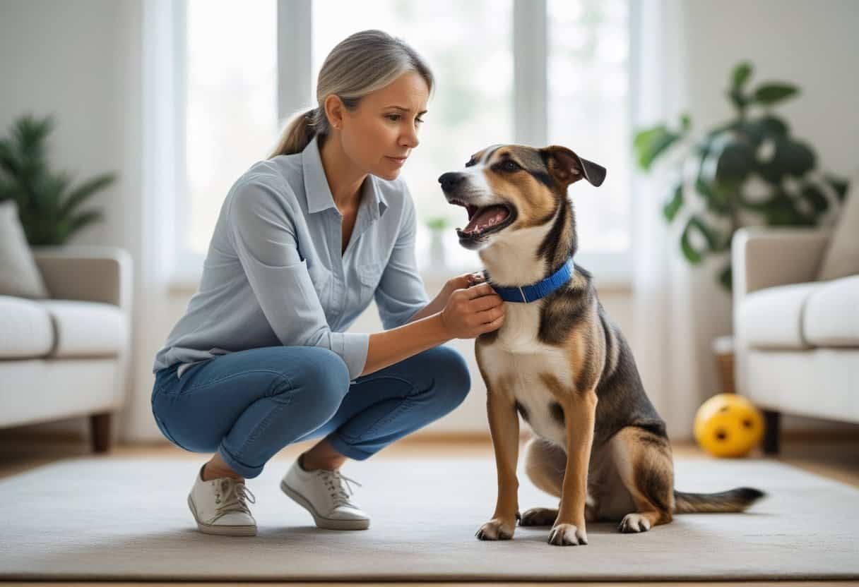 A woman kneeling and gently holding a barking dog in a bright living room. A woman kneeling and gently holding a barking dog in a bright living room.