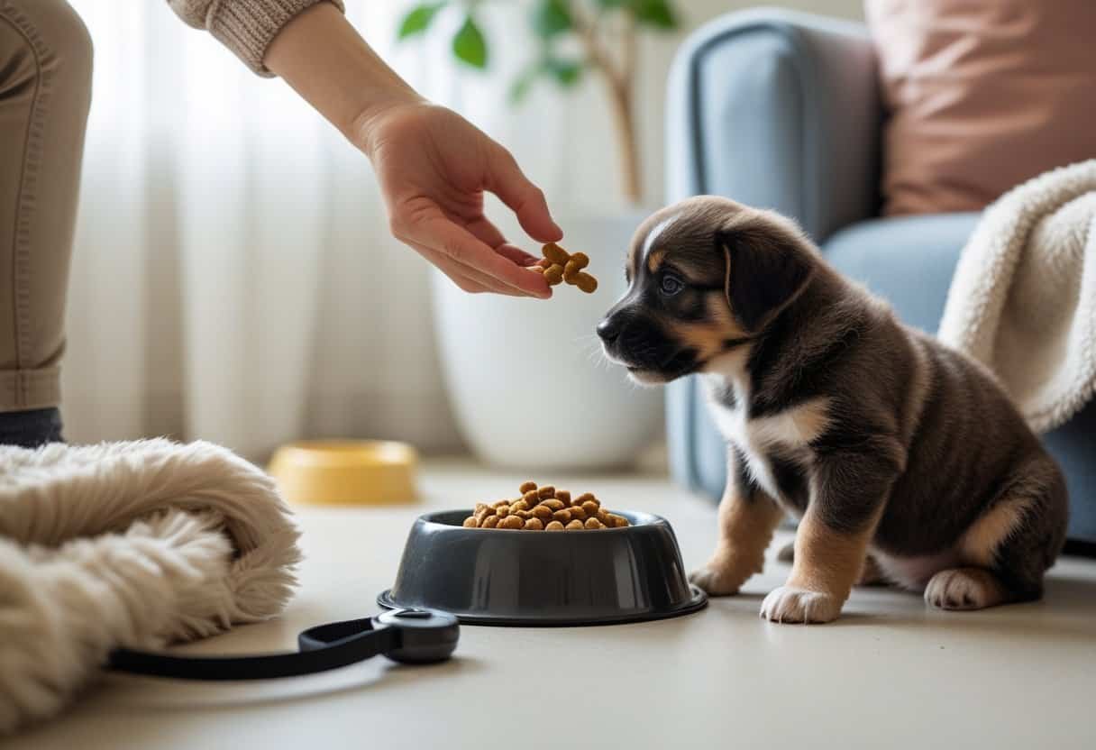 A puppy sitting calmly while being gently fed a treat by a person during training and socialization. A puppy sitting calmly while being gently fed a treat by a person during training and socialization.