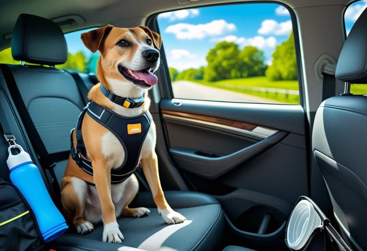 A dog wearing a safety harness sits calmly inside a car next to a window showing a sunny countryside road, with pet travel supplies on the seat.