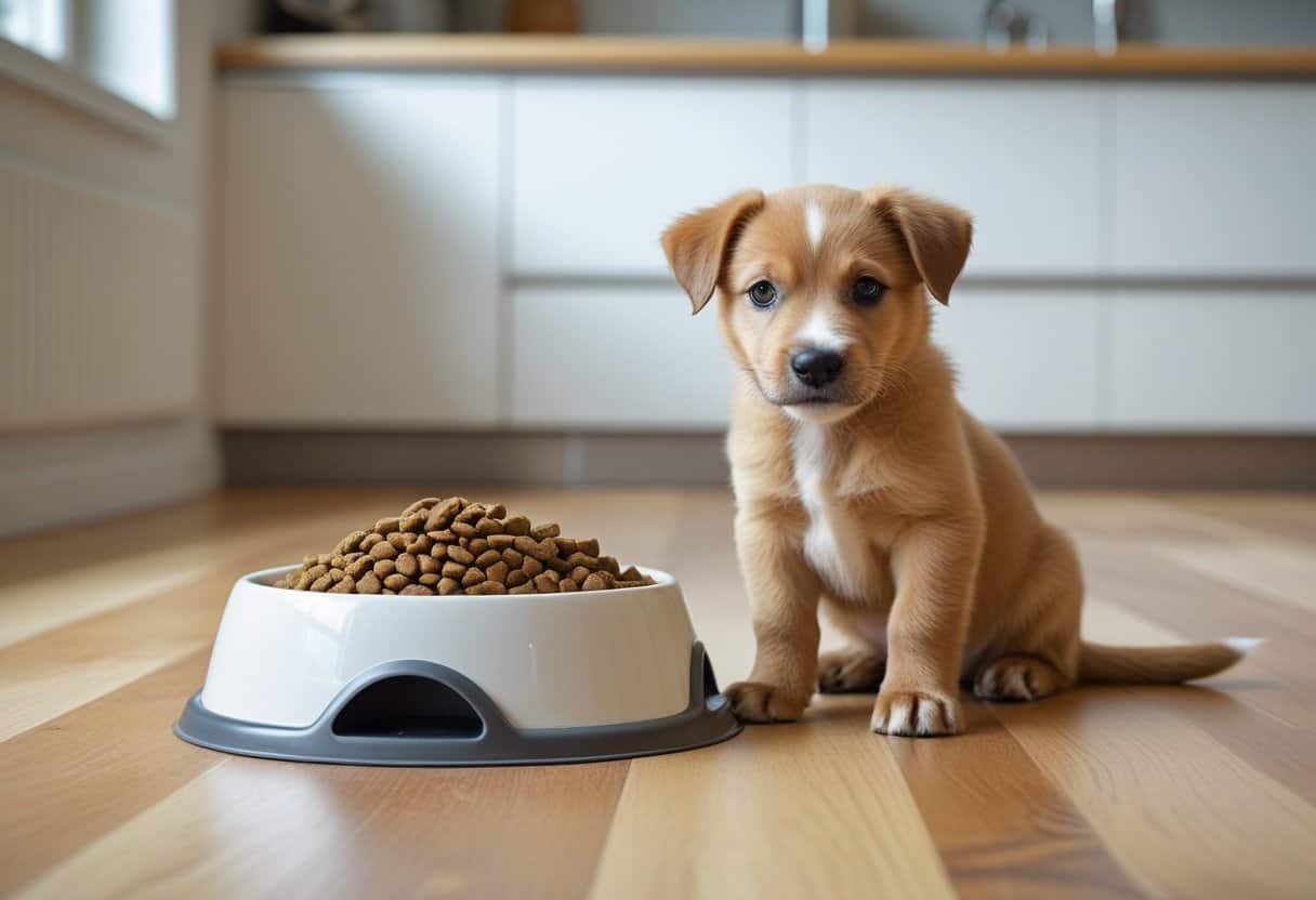 A young puppy sitting next to a bowl of adult dog food in a bright kitchen. A young puppy sitting next to a bowl of adult dog food in a bright kitchen.