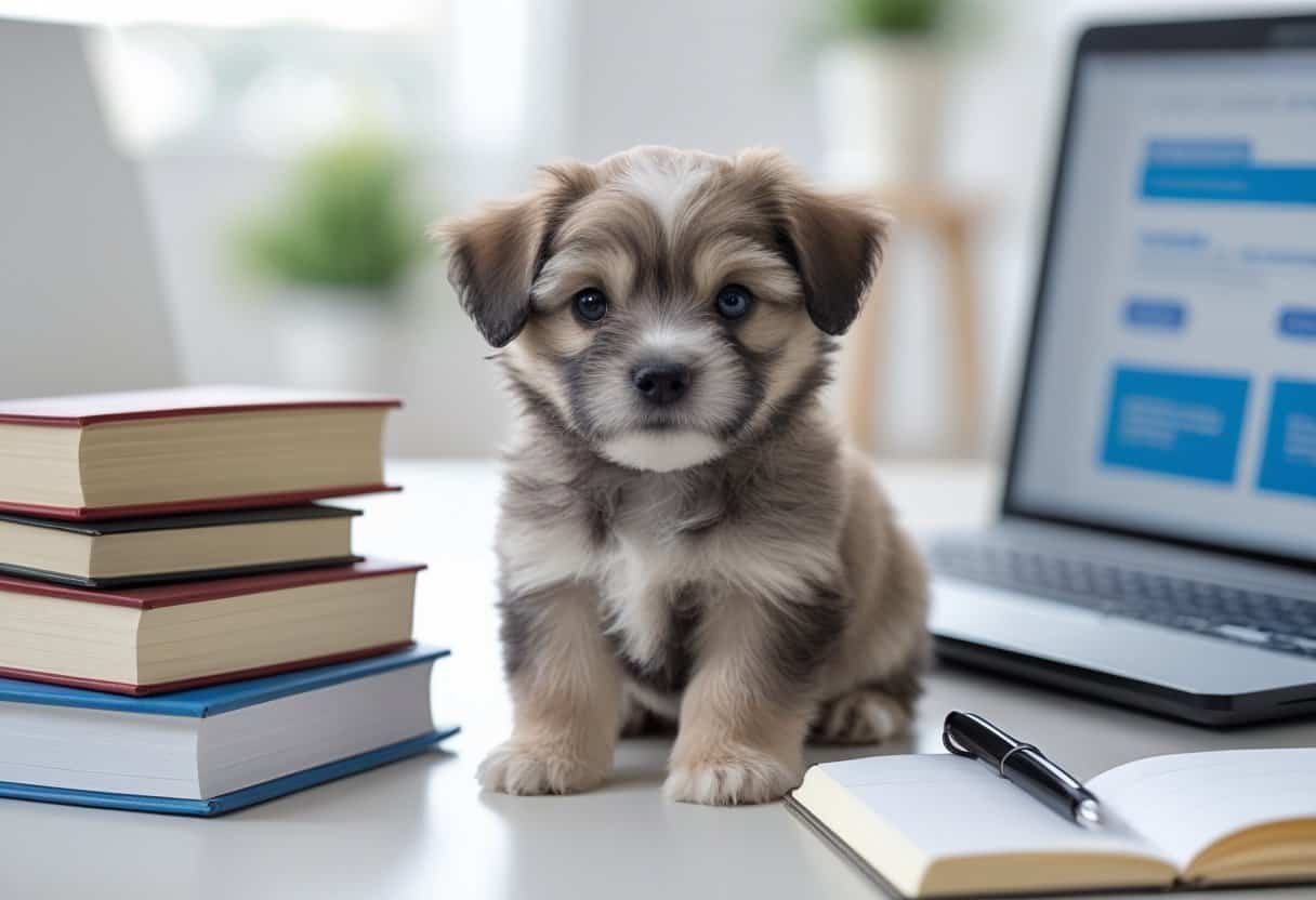 A small fluffy puppy sitting indoors next to a laptop and a notepad. A small fluffy puppy sitting indoors next to a laptop and a notepad.