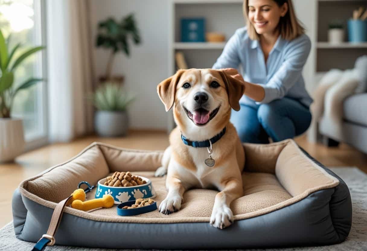 A happy dog sitting on a cozy bed in a living room, surrounded by toys and treats, while a person gently pets it.