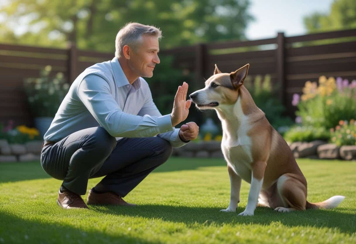 A man outdoors in a backyard gently communicating with his attentive dog sitting in front of him. A man outdoors in a backyard gently communicating with his attentive dog sitting in front of him.