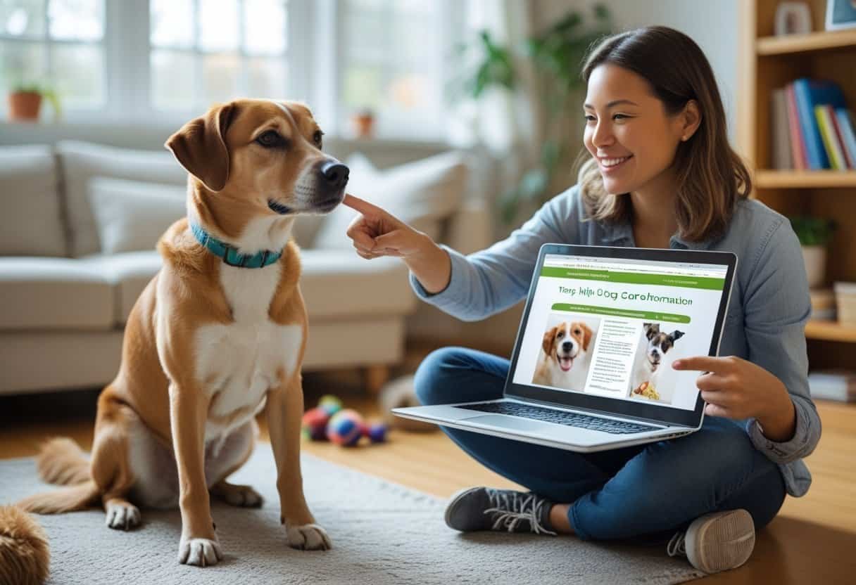 A person pointing at a laptop screen while a dog sits attentively beside them in a bright living room.