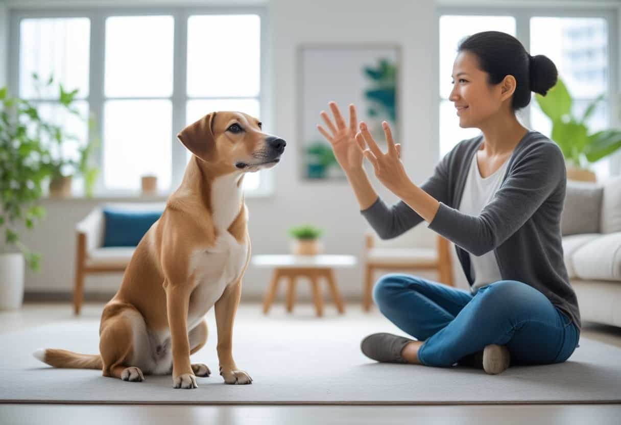 A person gently gesturing while a calm dog sits attentively in a bright living room. A person gently gesturing while a calm dog sits attentively in a bright living room.