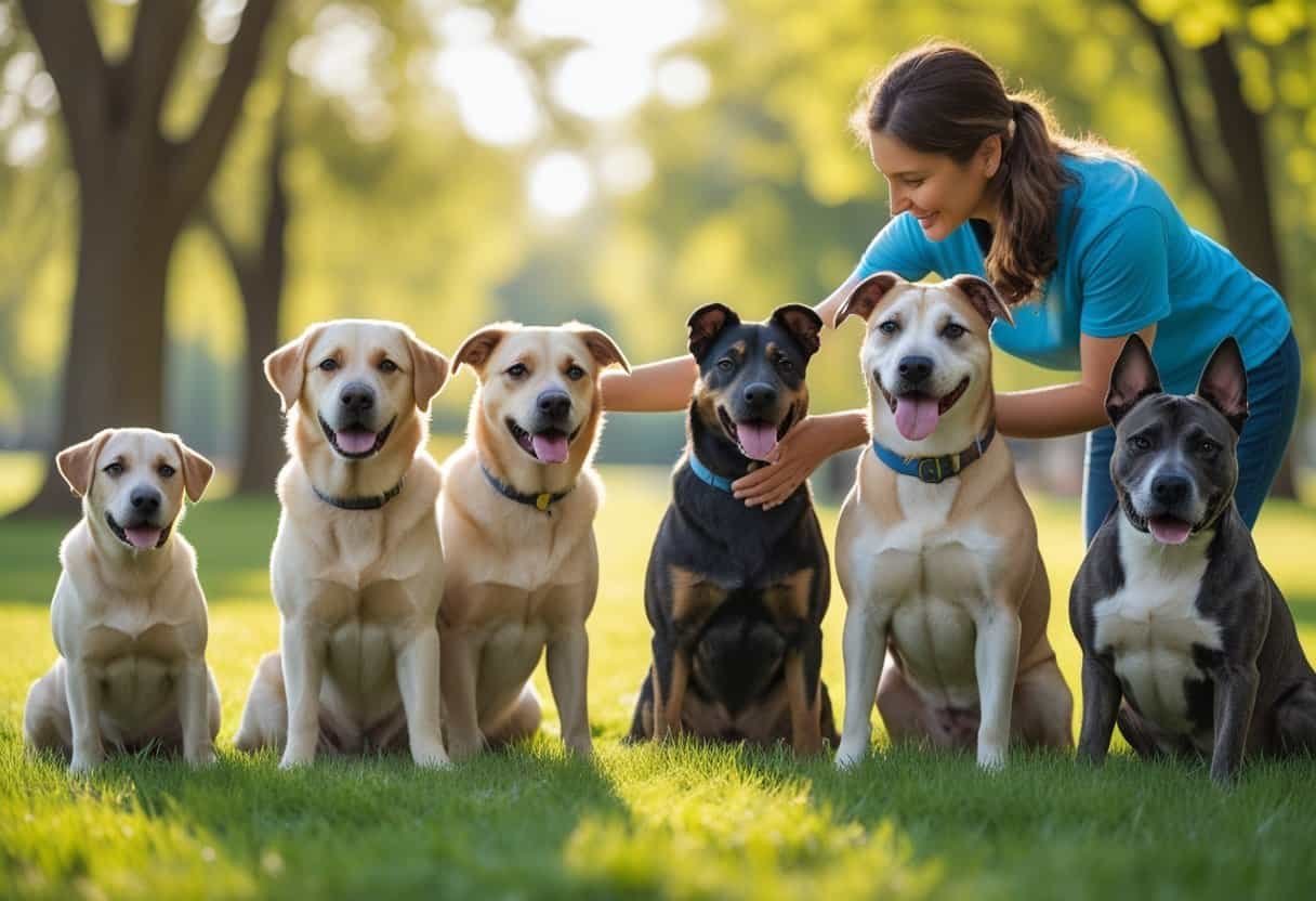 A group of happy rescue dogs with a person petting one of them in a sunny park.