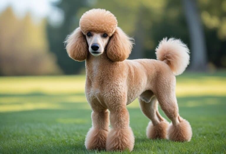 A well-groomed apricot poodle standing on green grass outdoors with trees in the background.