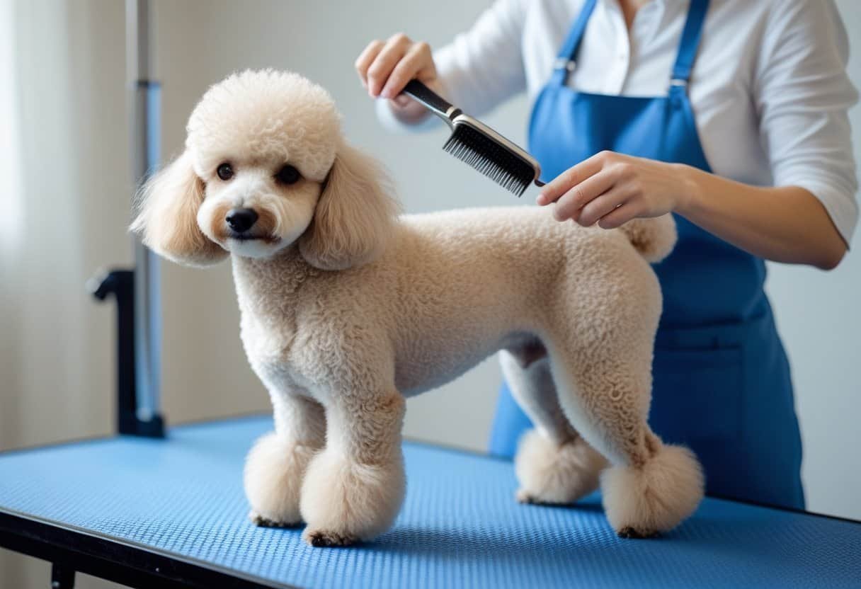 A poodle dog being groomed with a brush on a grooming table. A poodle dog being groomed with a brush on a grooming table.