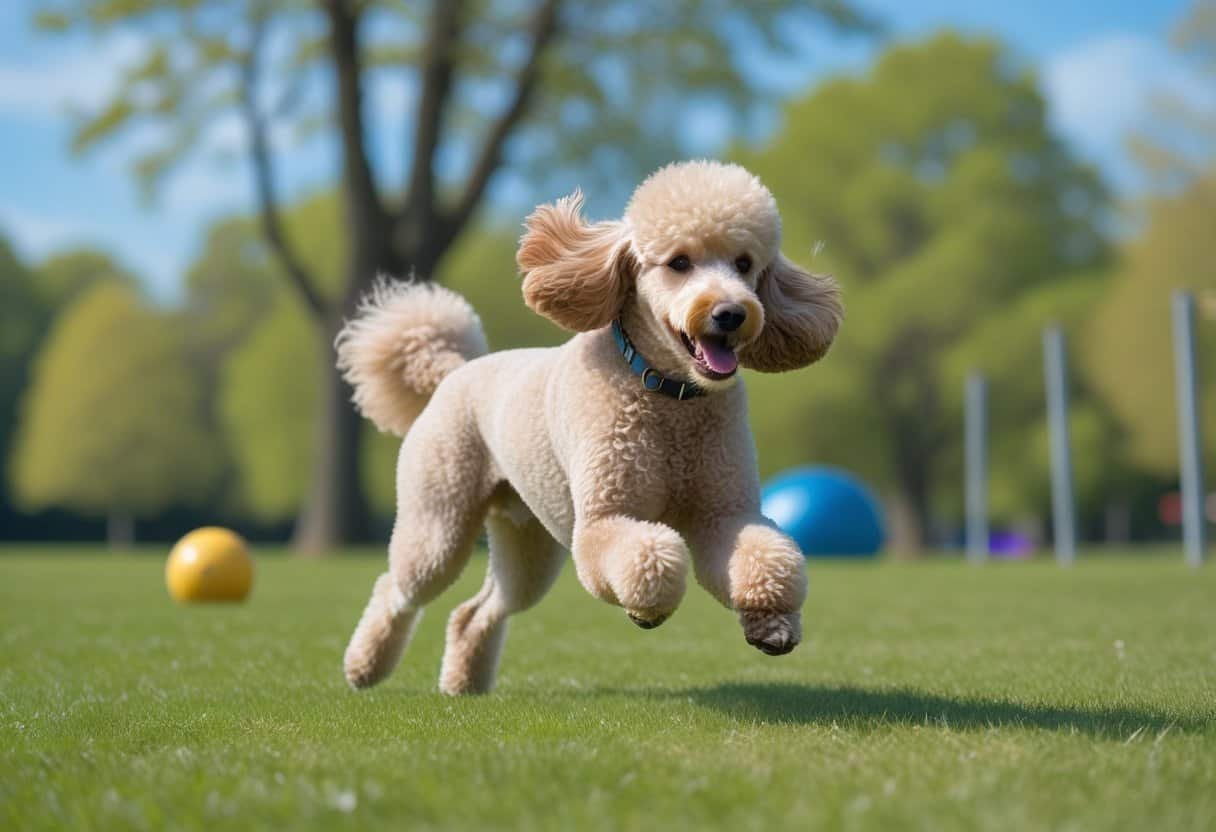 A standard poodle running joyfully in a sunny park with green grass and trees. A standard poodle running joyfully in a sunny park with green grass and trees.