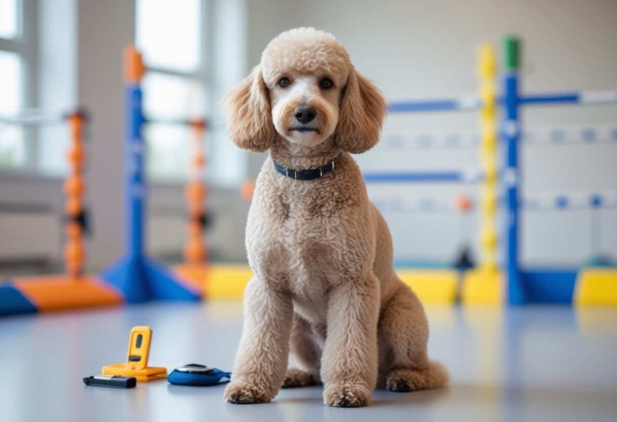 A standard poodle sitting attentively in a bright indoor training area with agility equipment in the background. A standard poodle sitting attentively in a bright indoor training area with agility equipment in the background.