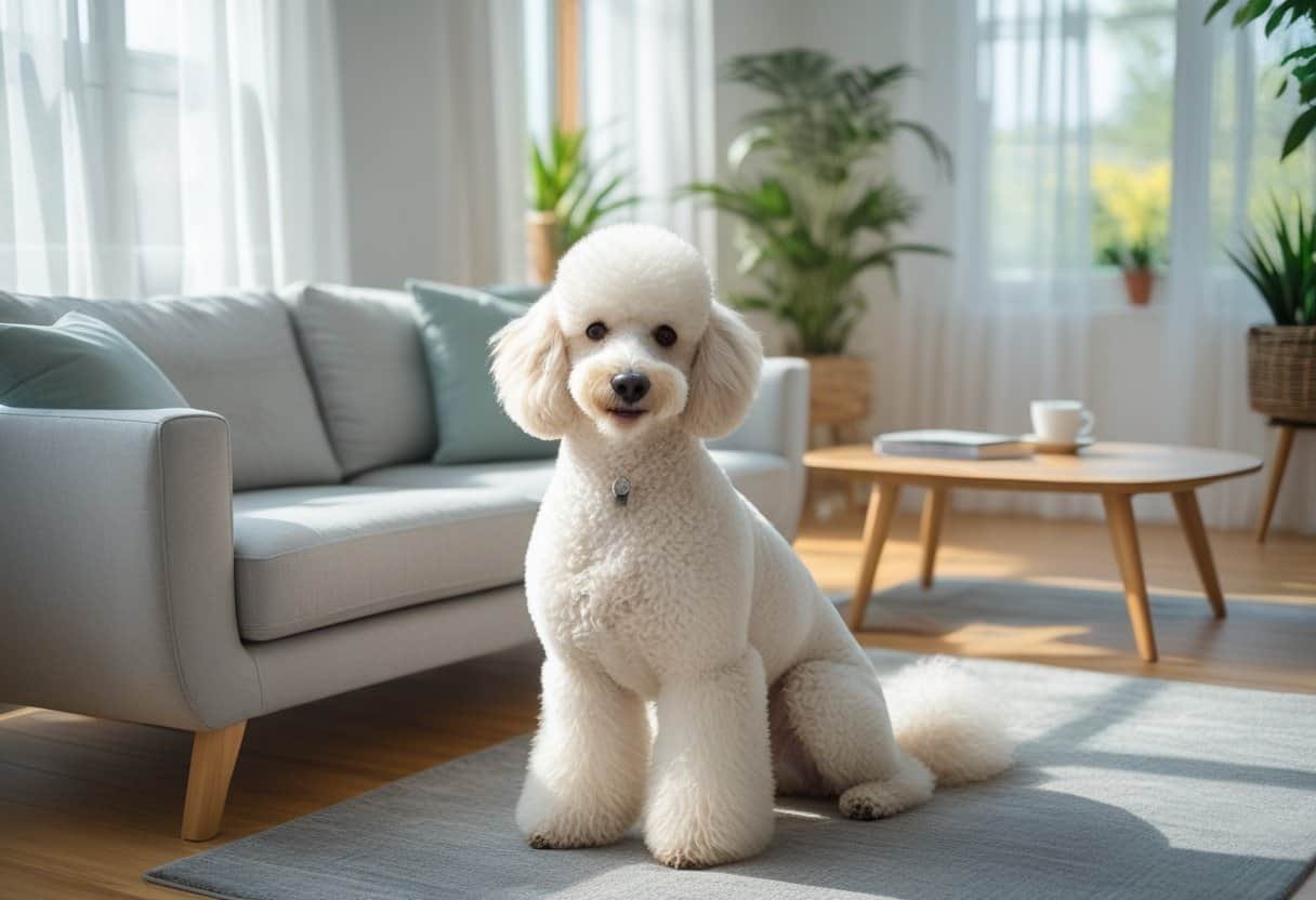A white poodle dog sitting on a sofa in a bright living room with plants and a coffee table. A white poodle dog sitting on a sofa in a bright living room with plants and a coffee table.