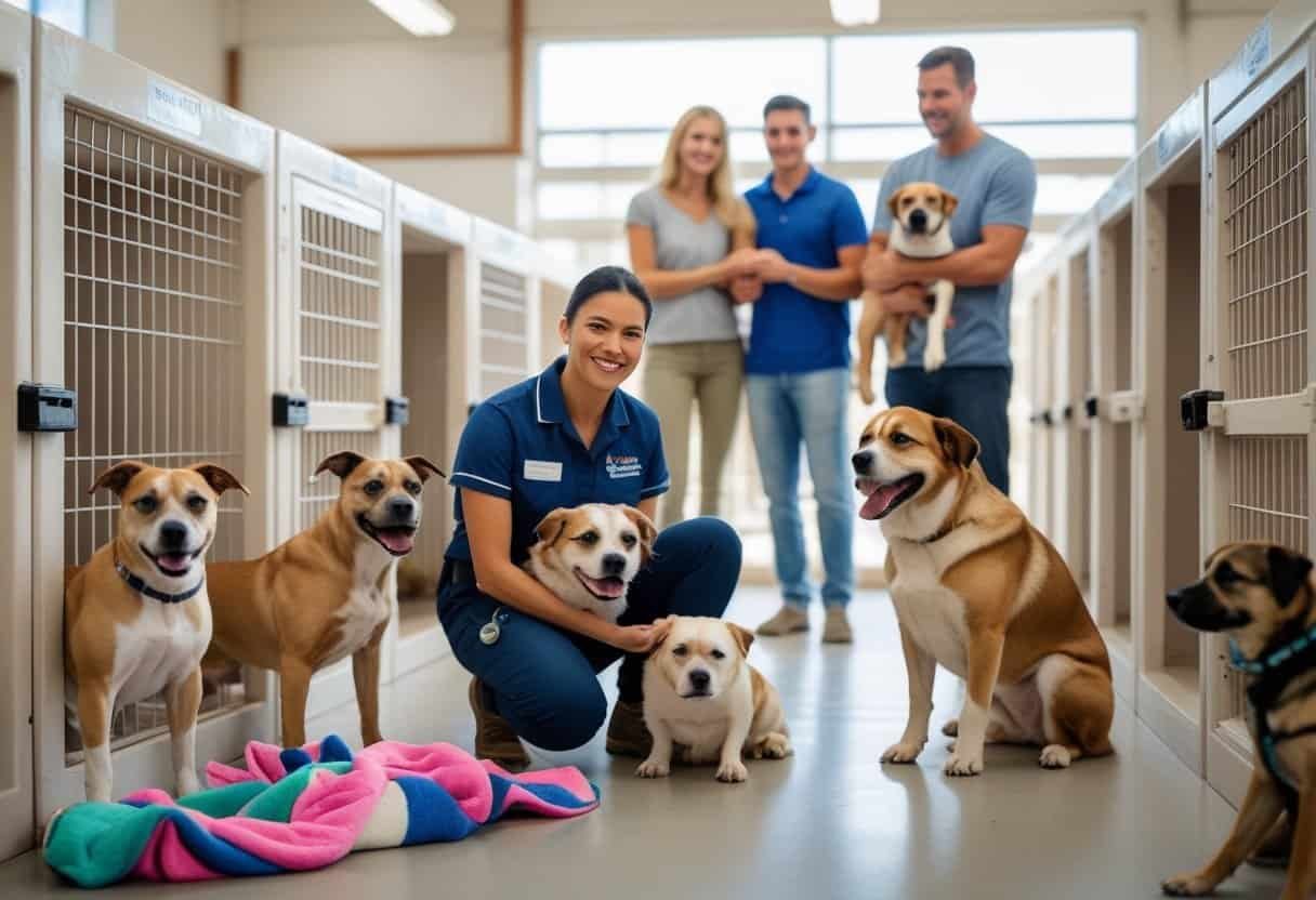 A shelter worker gently interacting with rescue dogs while potential adopters look on in a bright, clean animal shelter. A shelter worker gently interacting with rescue dogs while potential adopters look on in a bright, clean animal shelter.
