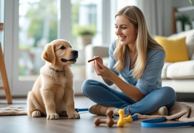 A woman training a golden retriever puppy indoors, holding a treat while the puppy sits attentively.