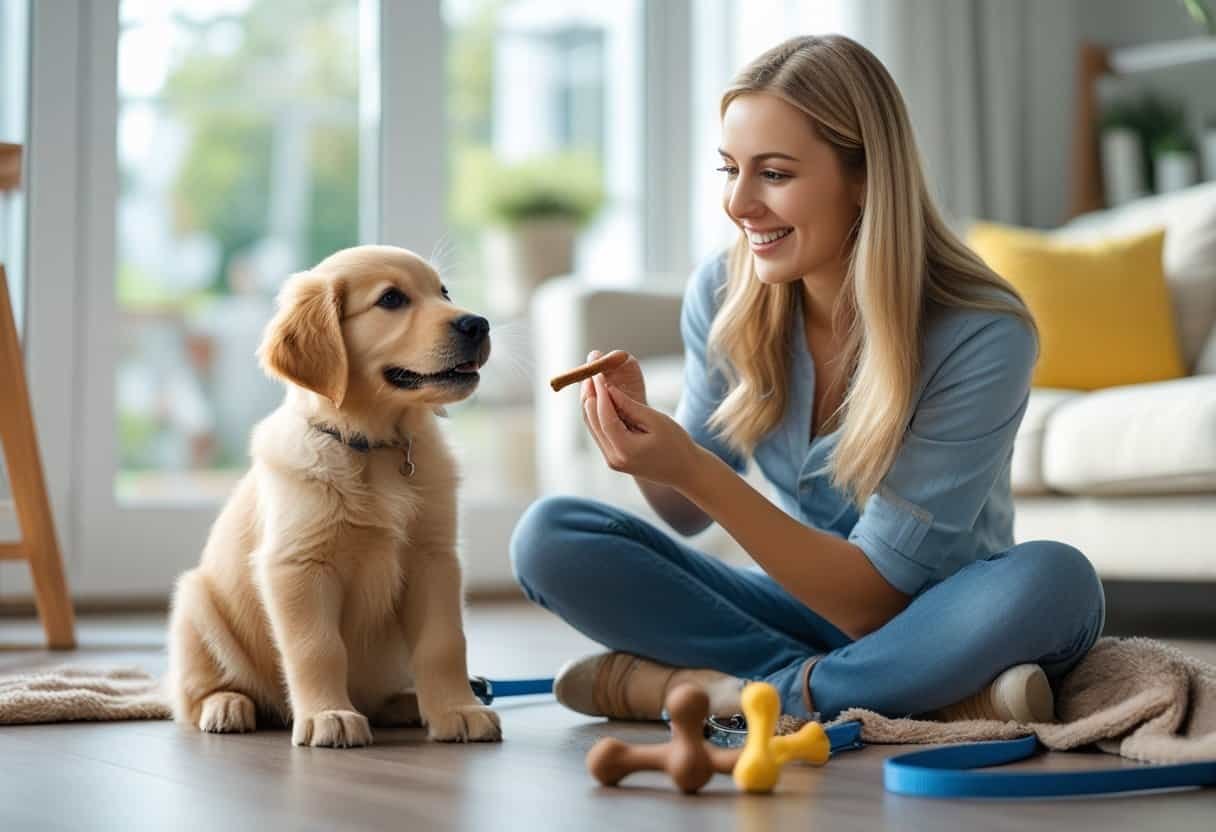 A woman training a golden retriever puppy indoors, holding a treat while the puppy sits attentively.