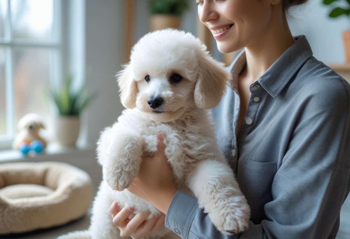 A person gently holding a white poodle puppy indoors, smiling and looking at the dog. A person gently holding a white poodle puppy indoors, smiling and looking at the dog.