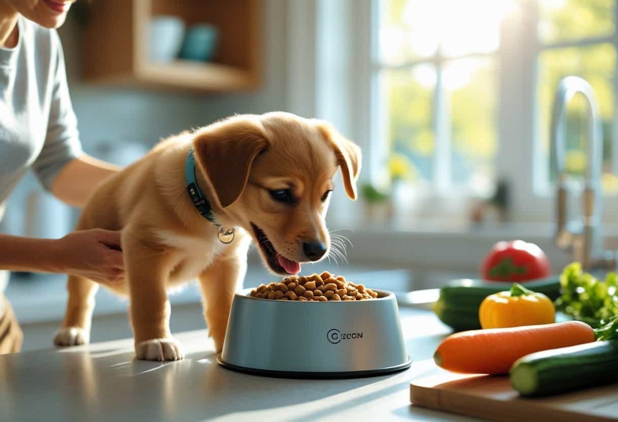 A healthy puppy eating from a bowl in a bright kitchen while a person gently holds its collar. A healthy puppy eating from a bowl in a bright kitchen while a person gently holds its collar.