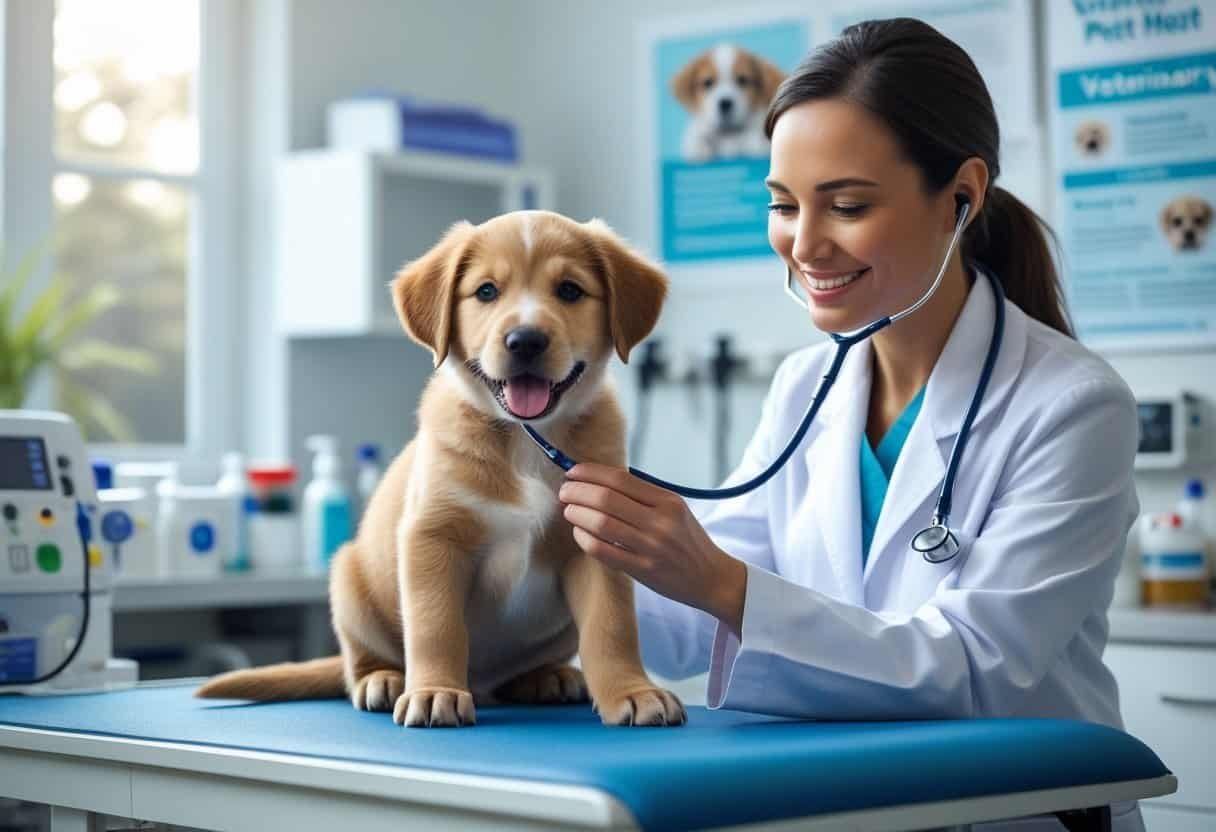 A veterinarian examining a happy puppy on an exam table in a veterinary clinic. A veterinarian examining a happy puppy on an exam table in a veterinary clinic.