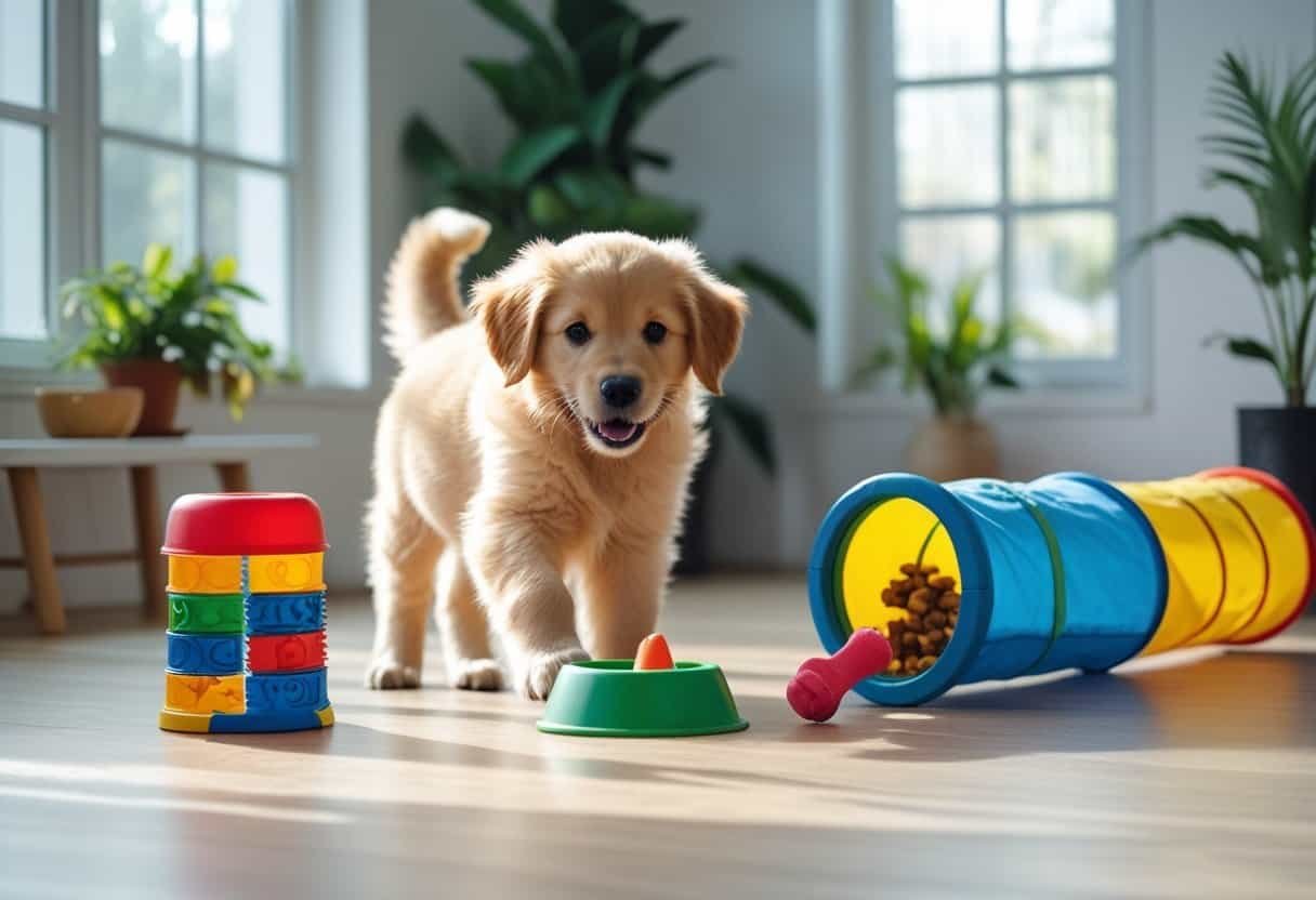 A playful puppy interacting with toys in a bright indoor room. A playful puppy interacting with toys in a bright indoor room.