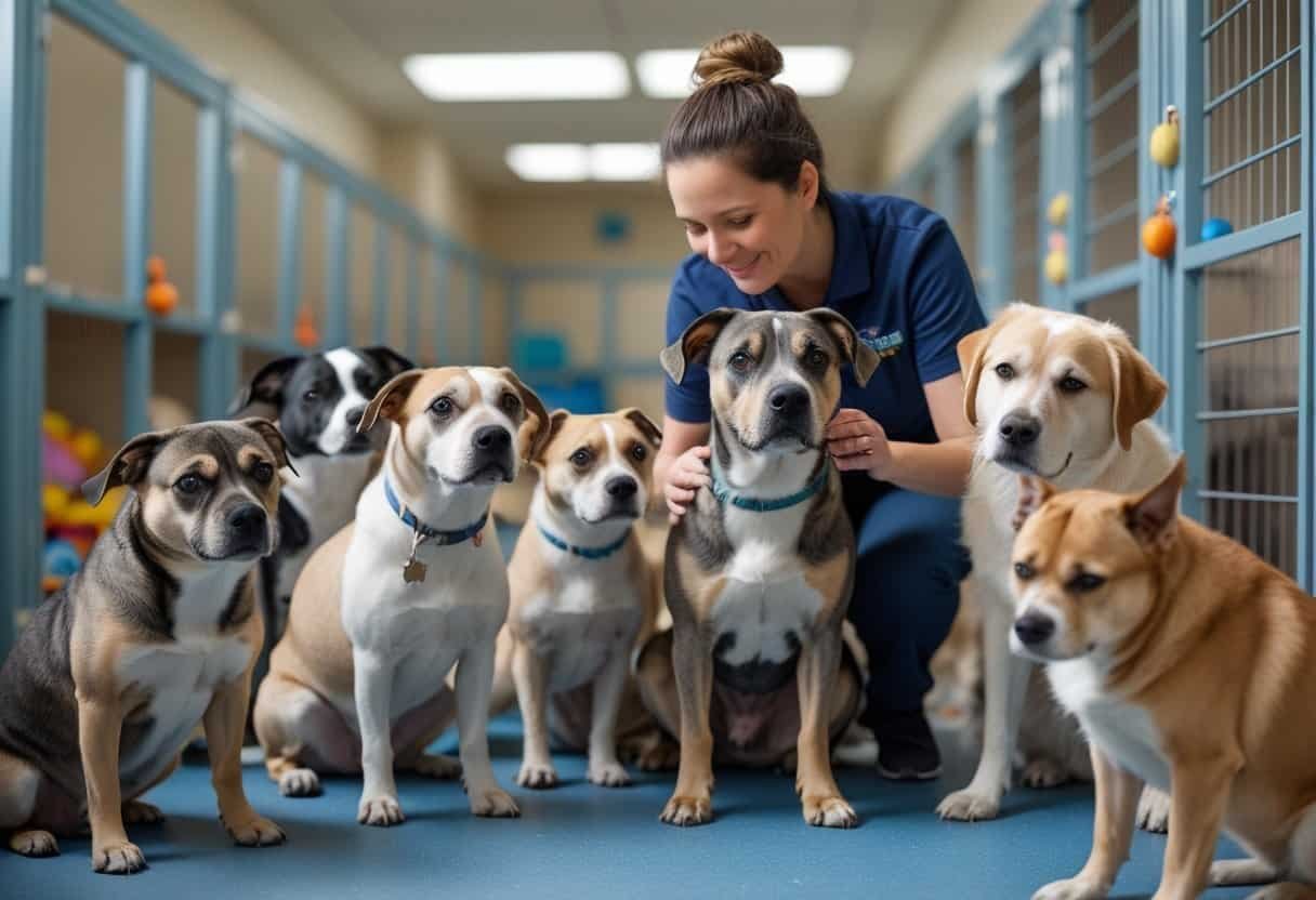 A volunteer gently interacting with various rescue dogs inside a clean animal shelter. A volunteer gently interacting with various rescue dogs inside a clean animal shelter.