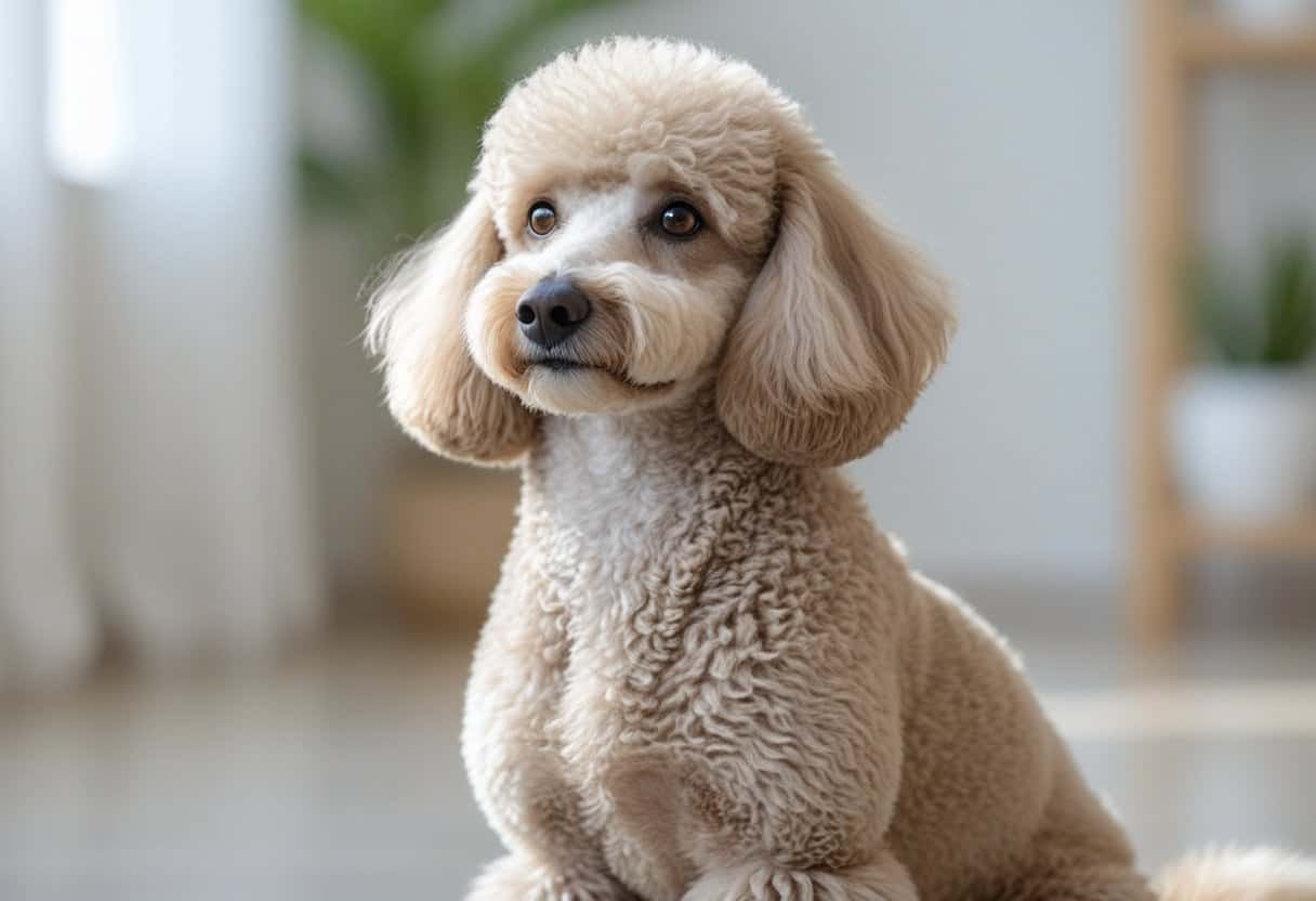 A well-groomed poodle dog sitting attentively indoors with a blurred neutral background. A well-groomed poodle dog sitting attentively indoors with a blurred neutral background.