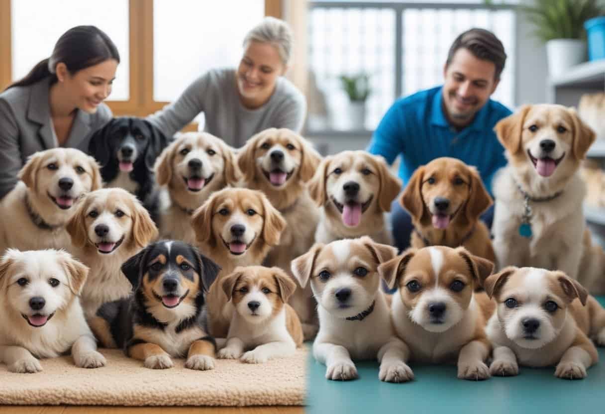 Two groups of dogs side by side: happy rescue dogs with caring people in a home setting, and breeder or pet store dogs in a clean, organized environment. Two groups of dogs side by side: happy rescue dogs with caring people in a home setting, and breeder or pet store dogs in a clean, organized environment.