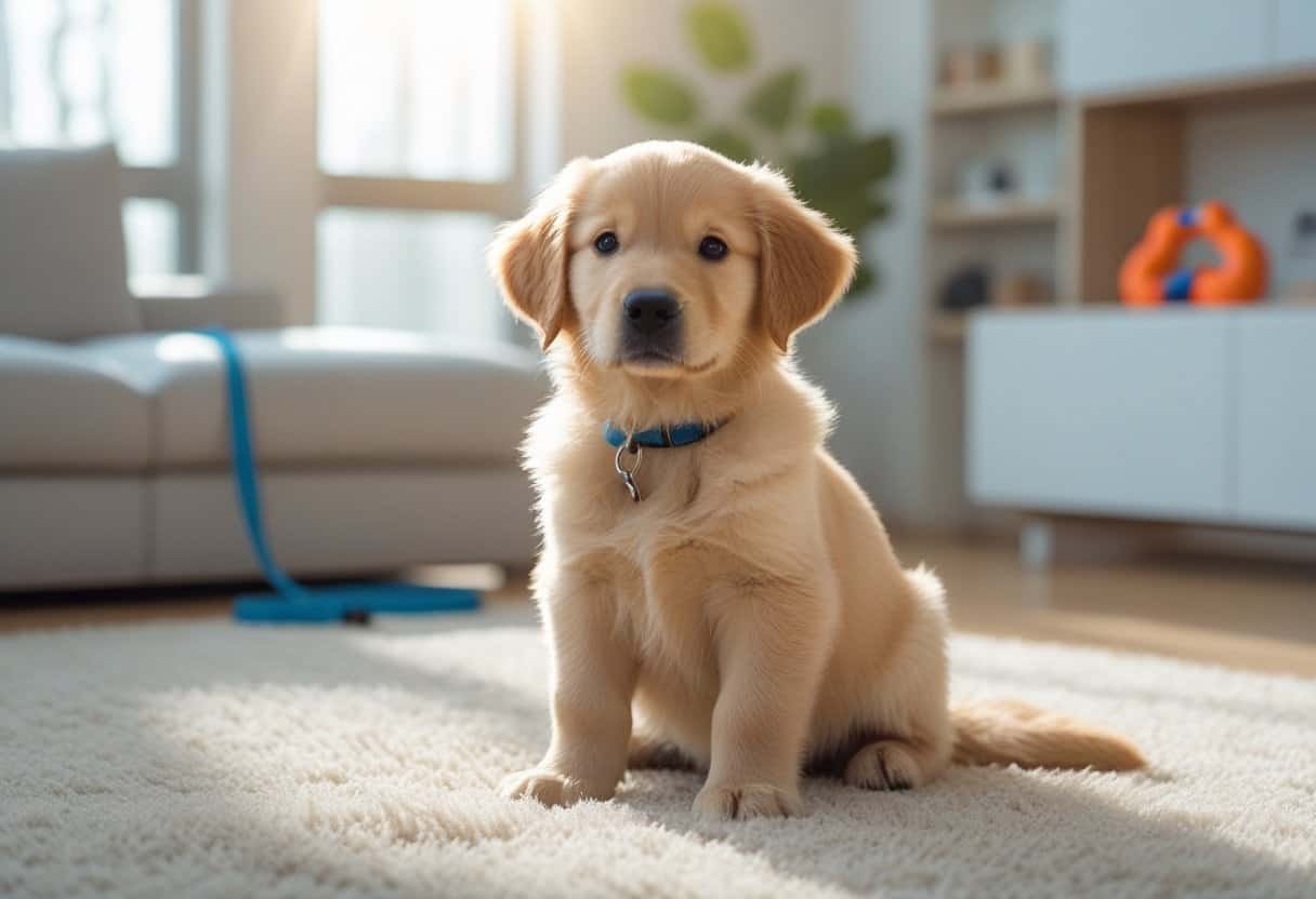A golden retriever puppy sitting attentively on a carpet in a bright living room with training tools in the background. A golden retriever puppy sitting attentively on a carpet in a bright living room with training tools in the background.